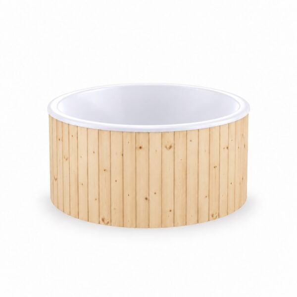 Rundes Acryl-Badefass mit heller Holzverkleidung zum individuellen Konfigurieren