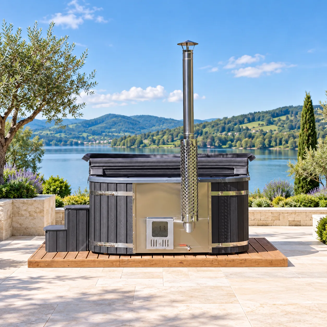 Loocone Quadro 202 Acryl-Hot-Tub mit dunkler WPC-Verkleidung und integriertem Holzofen auf einer Terrasse mit Seeblick