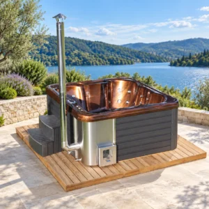 Garden Acryl-Hot-Tub mit kupferfarbener Innenwanne, dunkler WPC-Verkleidung, integriertem Holzofen und Treppe auf einer Terrasse mit Seeblick