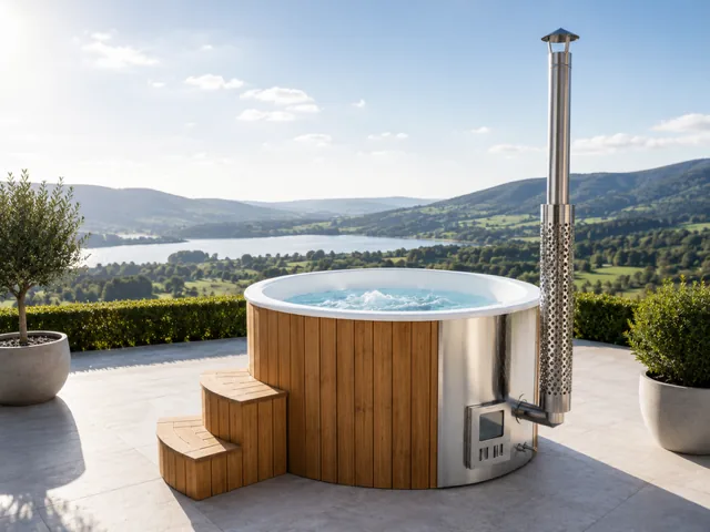 Runder Hot Tub mit integriertem V4A-Holzofen und Thermoholz-Verkleidung