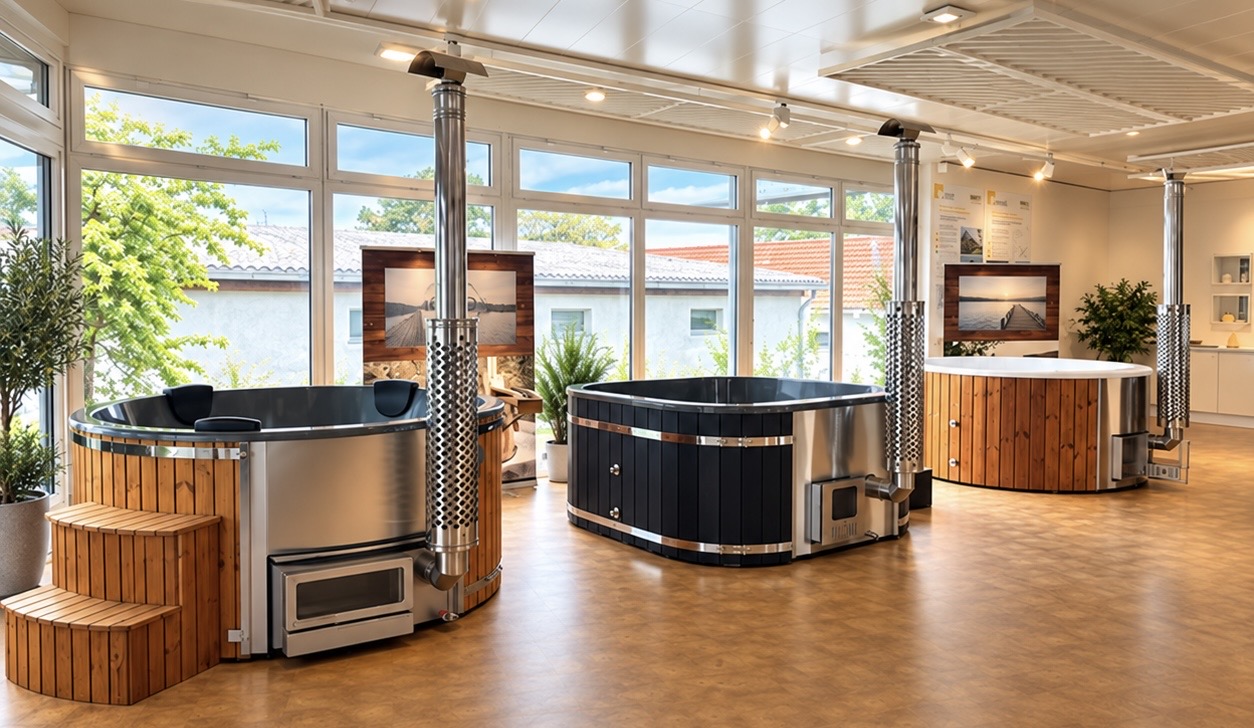 Loocone Showroom in Bad Königshofen mit ausgestellten Premium Hot Tubs