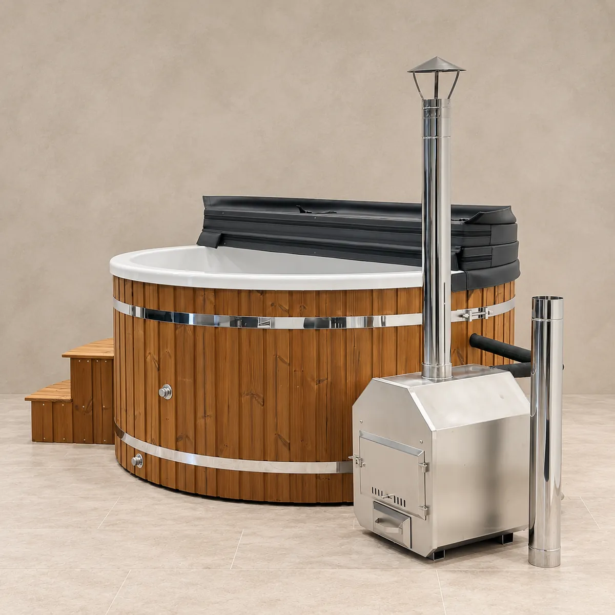 Runder Acryl Hot Tub mit Außenofen – Ansicht des externen Holzofens