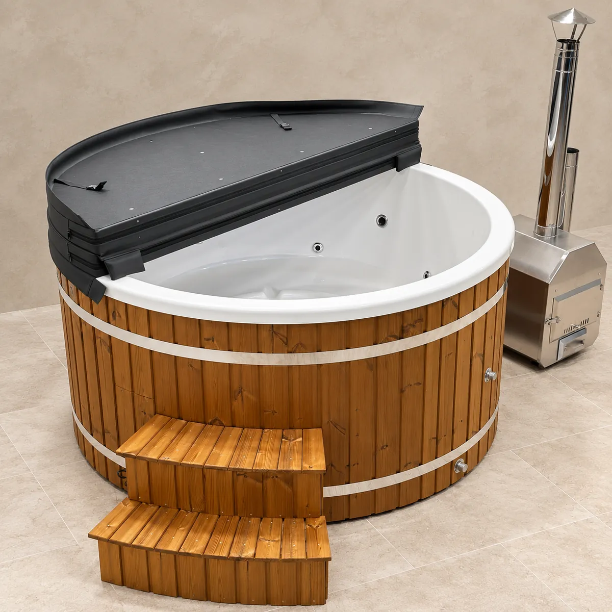 Runder Acryl Hot Tub mit Außenofen – Einstieg und Innenwanne