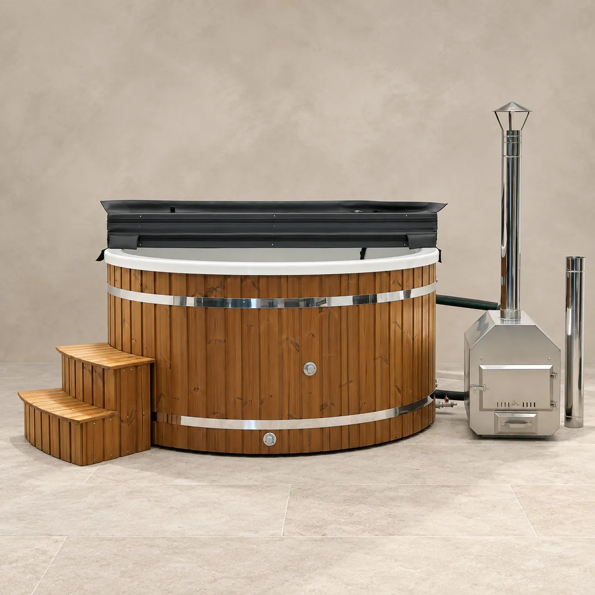 Runder Acryl Hot Tub mit Außenofen – Gesamtansicht mit Außenofen