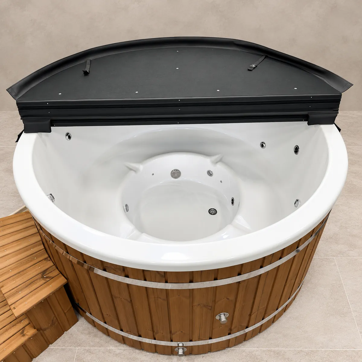 Runder Acryl Hot Tub mit Außenofen – Innenwanne mit Massagedüsen