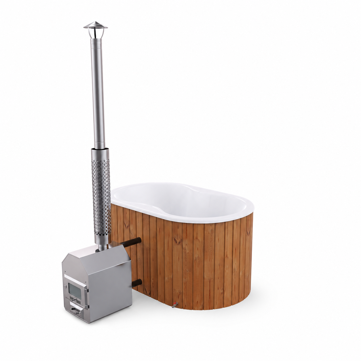 Ovaler Ofuro Hot Tub mit Holzverkleidung und externem Holzofen