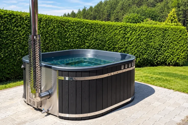 Quadro Hot Tub mit anthrazitfarbener Verkleidung und integriertem Holzofen im Garten